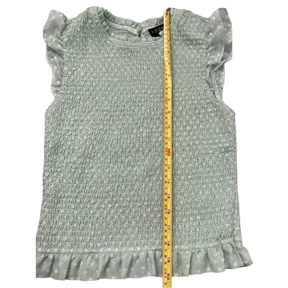 Laundry by Shelli Segal mint seafoam green smocked polka dot blouse with ruffles - Picture 4 of 8